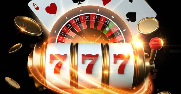Slot Machine, Roulette Wheel And Four Aces With Golden Coins 3D Rendering