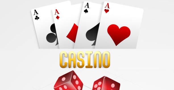 Shiny ace playing cards with red dices for Casino on grey background.