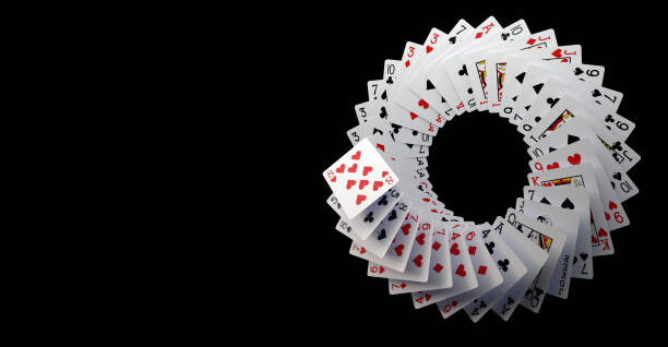 Modern White, Black And Red Playing Cards On Black Background. Empty Space.